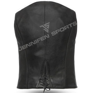 Nouveau gilet de moto court en cuir de vachette véritable, couleur unie, coupe ajustée, avec col à revers, ceinture, fermeture éclair et lacets au dos, fermeture éclair avant - Product Image 4