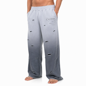 Pantalon de survêtement large premium effet vieilli, coupe déchirée, ourlet ouvert décontracté, taille élastique, style streetwear épais - Product Image 2