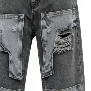 Men's High Waist Ripped Wide Leg <b>Jeans</b> Distressed Cotton Casual Pants Autumn Style Button Fly - Product Image 5