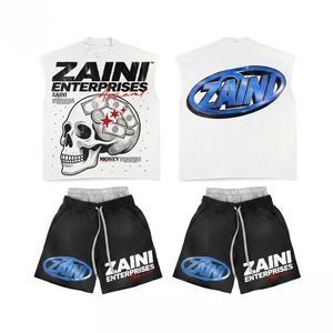 Conjunto de Camiseta y Pantalones Cortos de Verano para Hombre, Premium, 300 GSM, Algodón Jersey, Sin Mangas, Estilo Vintage, Transpirable, Negro y Blanco, con Logotipo Personalizado - Product Image 1