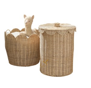 Tall Scalloped Rattan Basket with Lid Woven Decorative Storage <b>Box</b> Large Neutral Kids Nursery Room Toy <b>Hamper</b> Bin - Product Image 4