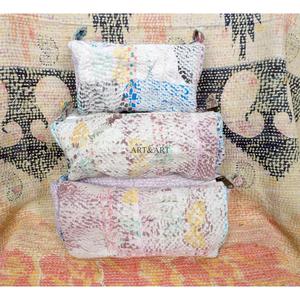 100% Pure Cotton Kantha Fabric Floral Pattern Zipper Closure Eco-Friendly Durable Lightweight Modern Large Makeup Bag <b>Pouch</b> Set - Product Image 2