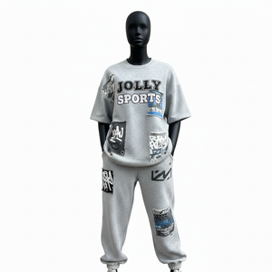 Conjunto de camiseta y pantalón deportivo para mujer, 280 GSM, algodón y poliéster, gris, con paneles de patchwork, impresión de logotipo personalizado, conjuntos para mujer - Product Image 5