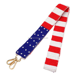 Vintage USA Flag Patriotic Woven Cotton Fabric Beaded Hook <b>Adjustable</b> Detachable Shoulder Bag <b>Strap</b> Red White Blue Stars - Product Image 1