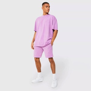 Conjunto de Camiseta de Manga Corta y Pantalones Cortos de Algodón 100% para Hombre, Cintura Elástica, Ropa Casual, Transpirable, Tejido de Punto, Cintura Media, Diseño Liso - Product Image 1