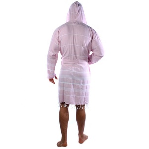 Peignoirs de luxe en coton turc à rayures, série Pure, avec logo personnalisé, pour femmes et hommes, légers, absorbants, à capuche et à pompons - Product Image 2