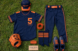 Ensemble uniforme de baseball Tofen Sports bleu marine et orange, maillot à manches courtes boutonné, pantalon, casquette, chaussettes, ceinture, polyester respirant, unisexe - Product Image 5