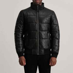 Mens PU Leather Puffer <b>Jacket</b> Stand Collar Winter Moto <b>Biker</b> Style Thick Solid Color - Product Image 3