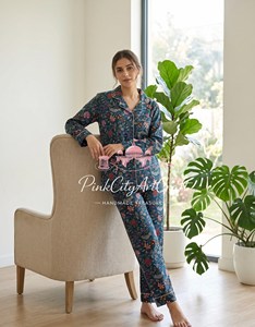 Handcrafted Indian Cotton <b>Summer</b> Eco-Friendly PJ Set Floral Block Print Nightwear Breathable Long Sleeve Shirt <b>Pyjama</b> Ensemble - Product Image 6