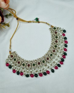 Handcrafted Round Stone Heavy Choker Necklace With Earrings And Mangtika Traditional Ethnic Designer Fashion Jewellery Wholesale - Product Image 3