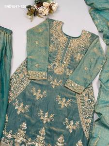 Top Quality Fancy Silk with Embroidery Beads-<b>Sequin</b> work & Fancy Border Suit-<b>Flared</b> Plazzo-Matching Dupatta Set Indian Supplier - Product Image 5