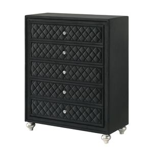 Commode traditionnelle Glam à 5 tiroirs en velours noir capitonné avec poignées en fausses pierres précieuses 1 pièce - Product Image 1