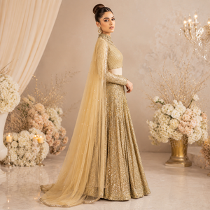 Womens Plus Size Modern Draped Golden Lehenga Choli | Luxury Bridal Lace | Crystal Embellished | Floor Length Line | Wedding - Product Image 3