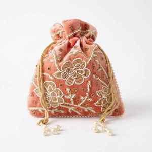 Handmade <b>Pink</b> Silk Potli <b>Purse</b> With Gold Floral Embroidery And Pearl Tassels For Wedding Decoration - Product Image 1