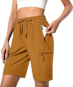 Shorts cargo pour femmes, taille haute, cordon de serrage, élastique, séchage rapide, décontractés, tricotés, en spandex et polyester, avec poches - Product Image 1