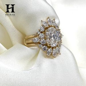 Anillo de compromiso vintage con diamante ovalado cultivado en laboratorio, conjunto de anillos de oro de 14 quilates con halo de rayos de sol marquesa, conjunto nupcial de lujo con diseño de estrella para mujer - Product Image 5