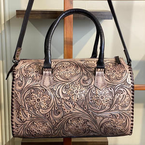 Exclusive Customizable Hand <b>Tooled</b> Genuine <b>Leather</b> Travel Duffle Bag with Intricate Floral & Card Design for Outdoor Use - Product Image 4