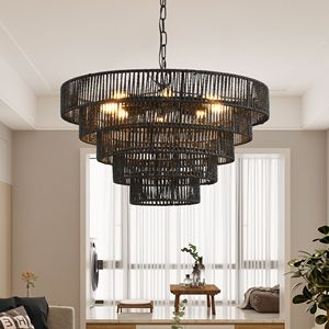 Lampadario a sospensione rustico nero in corda di canapa a 5 livelli da 24 pollici, stile Boho Farmhouse, con 8 attacchi E12 per sala da pranzo - Product Image 3