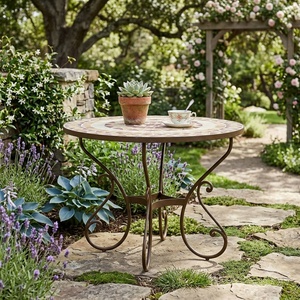 Mesa de Centro de Hierro Forjado Europeo de Lujo, Hecha a Mano, Resistente a la Intemperie, para 4 Personas, No Plegable, con Elementos de Madera Sólida para Jardín - Product Image 3