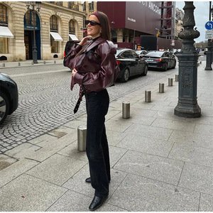 Fashion Women Leather <b>Jacket</b> Oversized Loose Fit PU Coat <b>Ladies</b> Wine Red Biker Outerwear Streetwear Top - Product Image 4