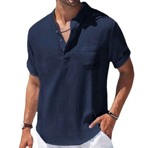 Chemise décontractée pour homme en lin et coton à manches courtes et col en V, respirante, coupe classique, couleur unie, tissu tissé - Product Image 4
