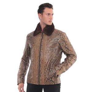 Chaqueta de piel de pitón marrón con cuello Rex desmontable para hombre, nueva chaqueta de bombardero de piel de serpiente, suministro de invierno OEM - Product Image 1