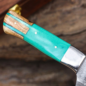 Couteau de chef de qualité supérieure en acier damas argenté avec manche en bois brun naturel et vert turquoise, couteau de cuisine tranchant - Product Image 3
