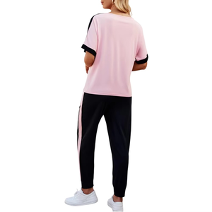 Women's Pink Black Color Block Tracksuit Short Sleeve Crew Neck Loose Fit Full Length <b>Pants</b> Side Pockets Elastic Waist Tracksuit - Product Image 3