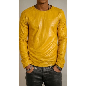 เสื้อยืดคอกลมแขนยาวหนัง PU สีเหลืองล้วนสำหรับผู้ชาย สไตล์ลำลองสำหรับฤดูใบไม้ร่วง - Product Image 1