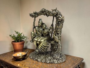 Handcrafted Brass Radha Krishna Swing <b>Statue</b> Wax Casting Jhula Idol Home Temple Decor - Product Image 1