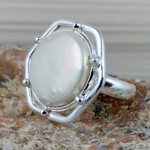 <b>Coin</b> Pearl <b>Ring</b> Handmade Sterling Silver Bezel Setting Natural Round Shape Gemstone Boho Jewelry June Birthstone Gift - Product Image 4