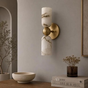 Modern Brass Wall Sconce With Marble Cylinders Geometric Design Indoor Lighting Fixture - Product Image 2