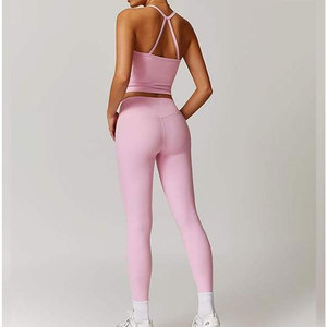 Pink Two Piece Yoga Set High Waisted Leggings Crisscross Strap <b>Crop</b> <b>Top</b> Seamless Full Length Spandex Polyester - Product Image 1