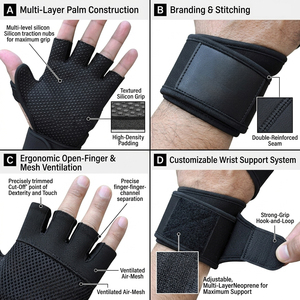 Guantes de Entrenamiento Deportivos Negros Sin Dedos, Protección para las Palmas con Agarre Antideslizante, Correa Ajustable para la Muñeca, para Adultos - Product Image 5