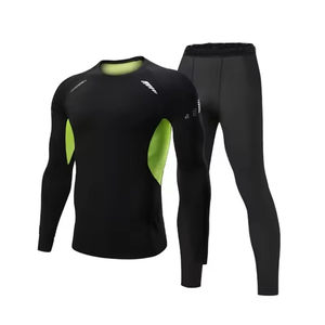 Conjunto de compresión de manga larga para hombre, color negro, cuello redondo, de secado rápido, licra y poliéster, top de manga larga y pantalones, kit sólido para todas las estaciones - Product Image 4
