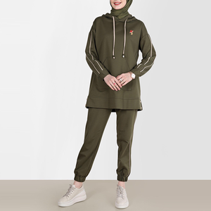 Women's Olive Green Hooded Long Sleeve Sweatshirt <b>Dress</b> With <b>Mushroom</b> Embroidery Front Pocket Loose Fit Casual Autumn Wear - Product Image 2