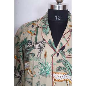 ชุดเดรสผู้หญิงผ้าฝ้าย 100% ระบายอากาศได้ดี เป็นมิตรกับสิ่งแวดล้อม ลายพิมพ์บล็อกดอกไม้ สำหรับงานกลางคืน/งานทางการ แขน 3/4 คอวี แต่งรูระบายอากาศ - Product Image 2