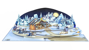 Tarjeta de felicitación navideña 3D con diseño de escena de la Natividad, paisaje nevado y noche iluminada por la luna, en papel con acabado mate. - Product Image 1