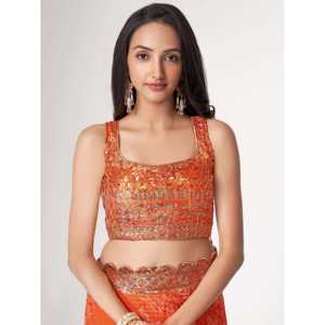 Magnifique Saree de mariage en organza à imprimé floral orange avec chemisier - Product Image 3