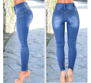 Jeans de Mezclilla de Cintura Alta y Corte Ajustado para Mujer, Largos, Transpirables, Bonitos, Color Azul Lavado, Casuales, con Spandex y Algodón Elástico - Product Image 2