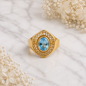 Women's Ethnic Blue Topaz <b>Ring</b> Solid 925 Sterling <b>Silver</b> Yellow Gold Plated Ornate Filigree Shield <b>Band</b> Oval Gemstone <b>Ring</b> - Product Image 1