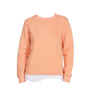 Sudadera de mujer con cuentas color melocotón, informal, de manga larga, cuello redondo, efecto de dos piezas, con dobladillo superpuesto, de forro polar, a la moda para mujer - Product Image 1