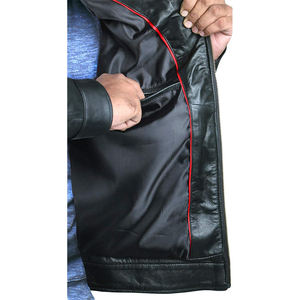 Veste moto en cuir véritable pour homme, col rabattu, fermeture éclair, coupe ajustée, tenue décontractée d'automne, noir - Product Image 5