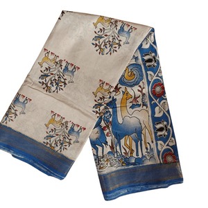 Sari en coton Kalamkari bleu ivoire, imprimé à la main, style traditionnel, vêtement ethnique pour femmes, disponible à la vente, directement de l'usine. - Product Image 3