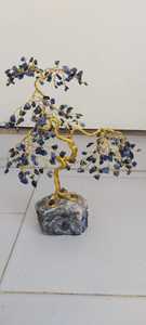 Lapis Lazuli Tree Sculpture Carved with Gold <b>Wire</b> Art on Stone Base for Home Feng Shui Decoration - Product Image 4