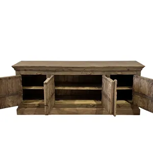 Vintage Wooden Jharokha Carved Four Door Sideboard Metal Fitted Storage <b>Cabinet</b> Rustic Indian Furniture <b>for</b> Dining Room - Product Image 2