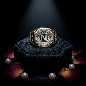 925 Silver 18K Gold Plated <b>Initial</b> N Letter Octagon Signet <b>Ring</b> IGI Certified Lab Grown Diamond Unisex Iced Jewelry - Product Image 1