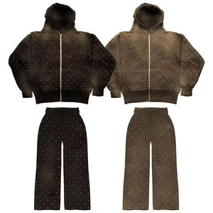 Custom Manufacturer Sweatsuit Acid Wash Distressed <b>Zip</b> <b>up</b> Rhinestone <b>Cropped</b> Hoodie and Sweatpants Outfits Set men Tracksuit - Product Image 6