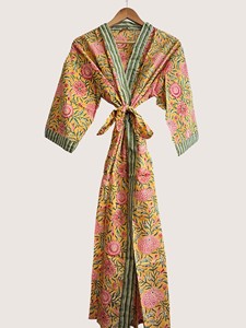 Bata Larga Estampada Floral para Mujer, Manga Tres Cuartos, Cuello en V, 100% Algodón Suave, Estilo Casual de Primavera, Cierre con Cordón - Product Image 2