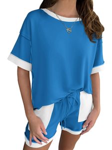 Women's Blue <b>White</b> Two-<b>Piece</b> <b>Set</b> Short Sleeve O-Neck Top With Drawstring Shorts Casual Spring Summer Wear - Product Image 1